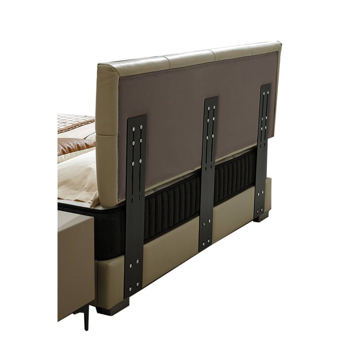 Side view showing the adjustable headboard mechanism and metal brackets