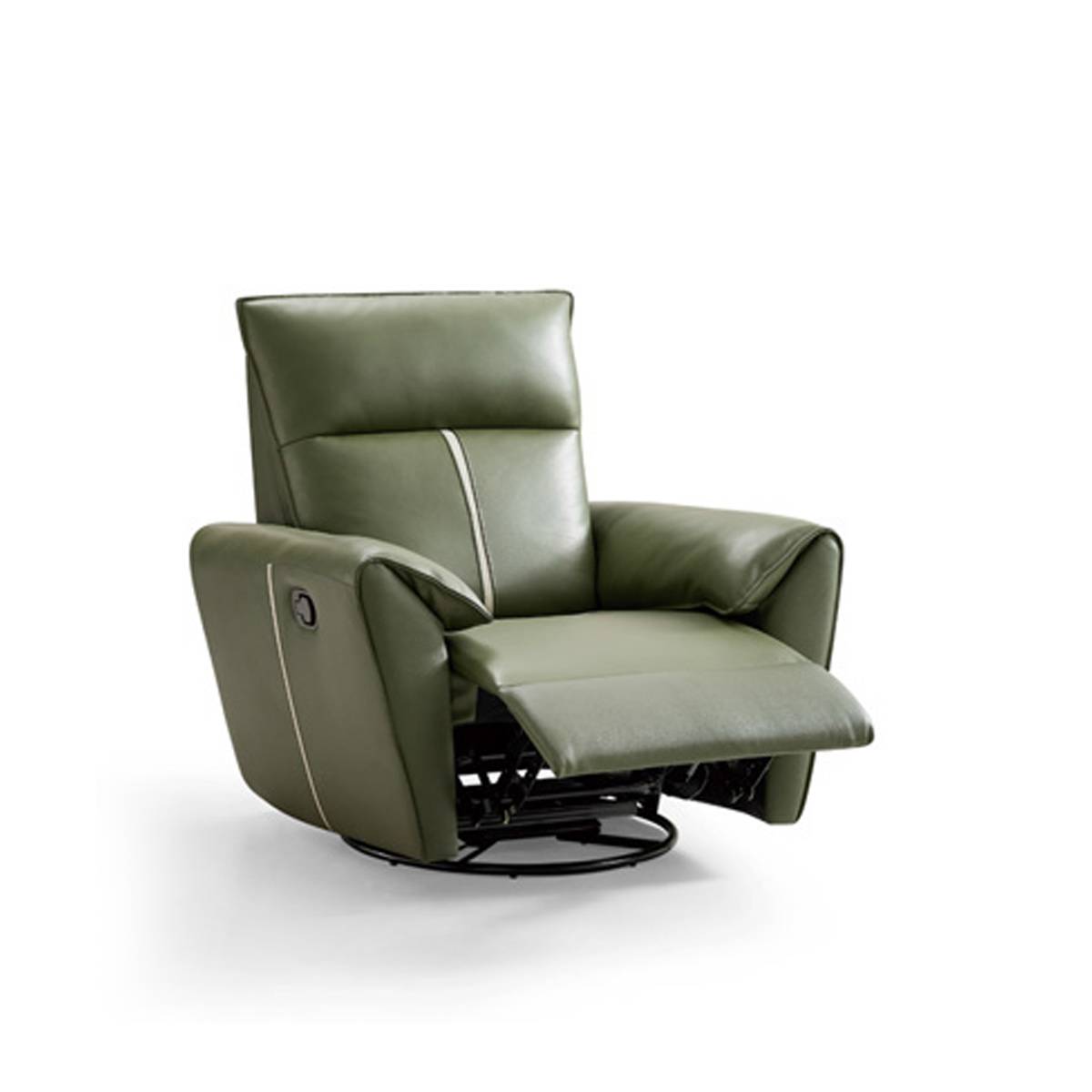 Green leather recliner chair shown in reclined position against white background