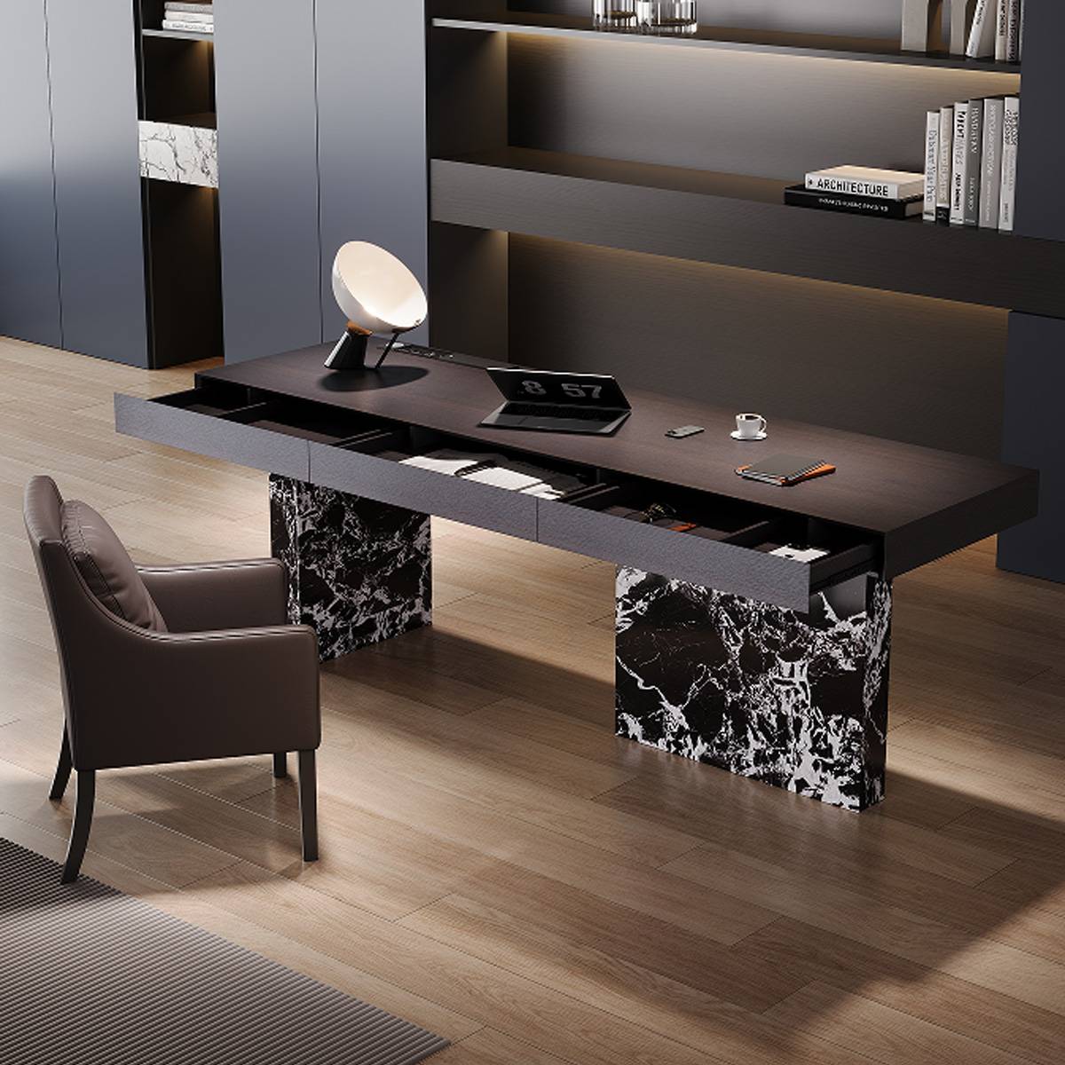 Desk with drawers open to show storage capacity