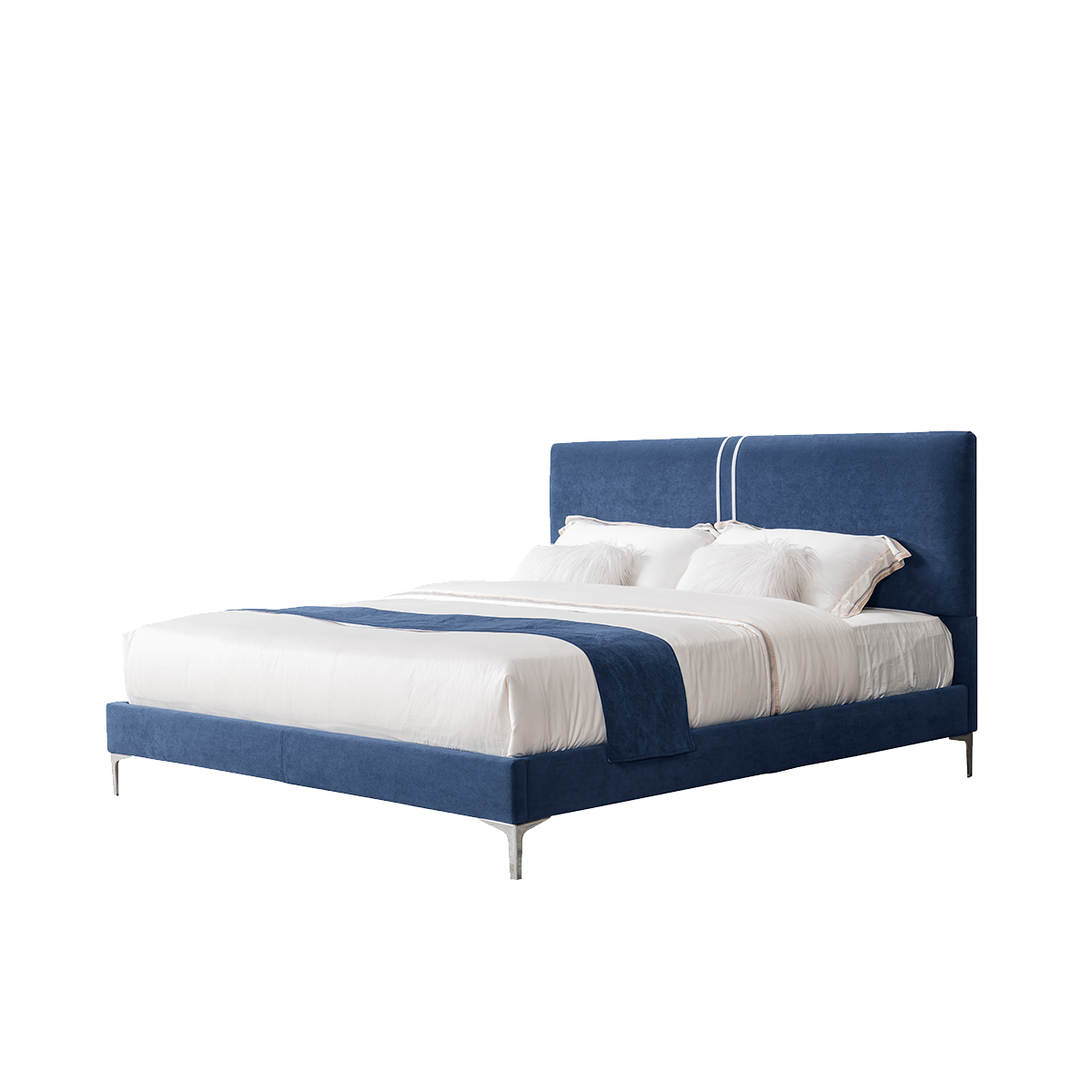 Angled view of the blue velvet bed showing the headboard and metal legs