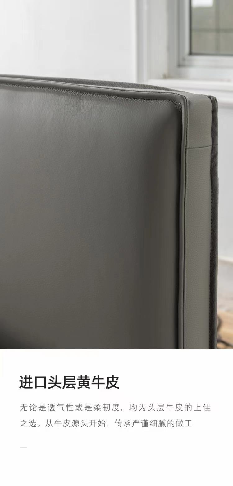 Close-up of the grey leather headboard showing texture and stitching, with text 'Imported top-grain yellow cowhide'.