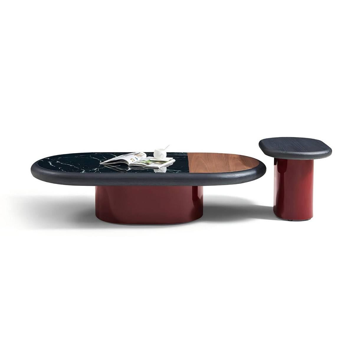 Side profile view of the coffee table set highlighting the red cylindrical legs