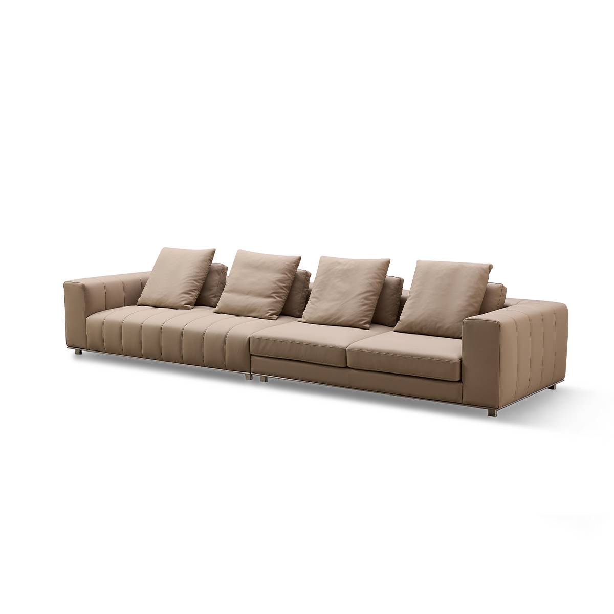 Side profile view of the sofa highlighting the stainless steel legs and depth