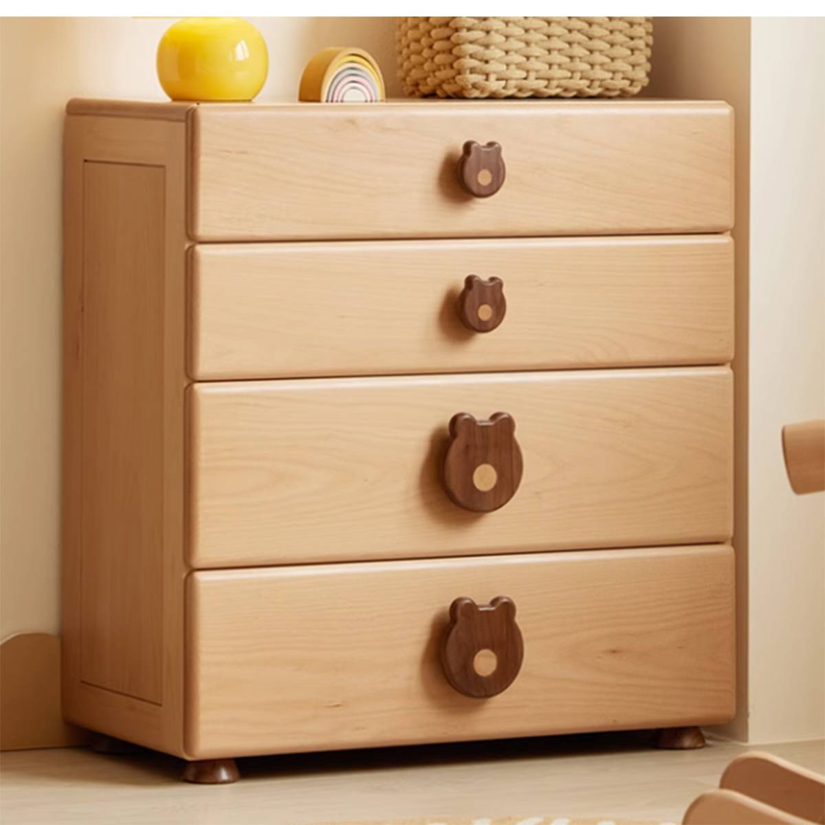 Side angle view of the wooden chest of drawers