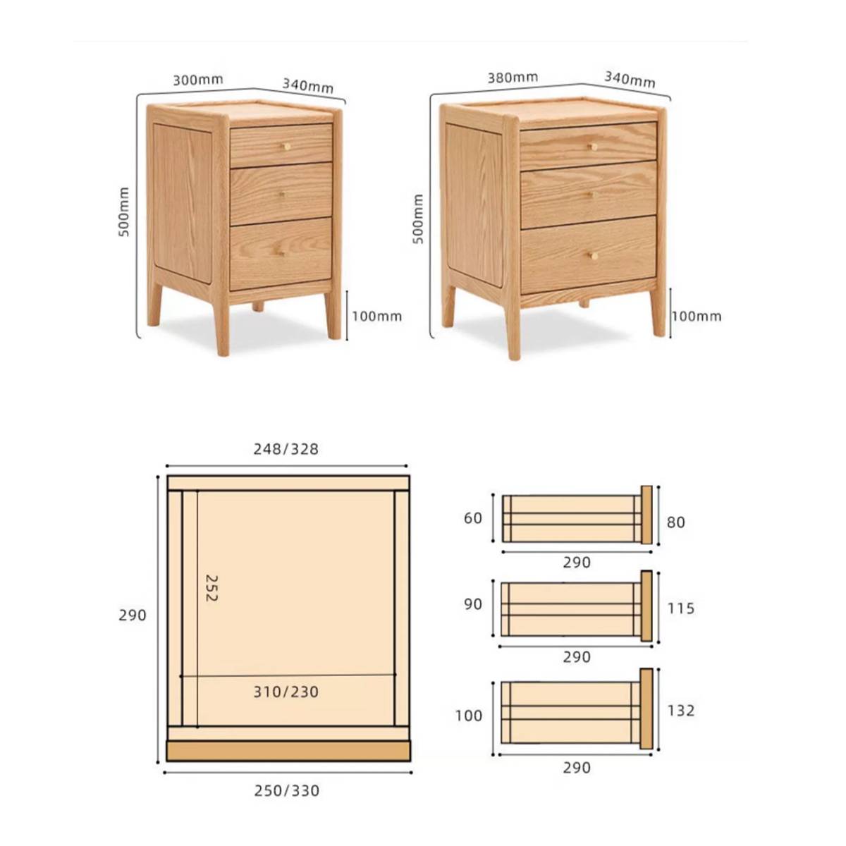 Technical dimension diagram showing measurements for the bedside cabinet and drawer depths