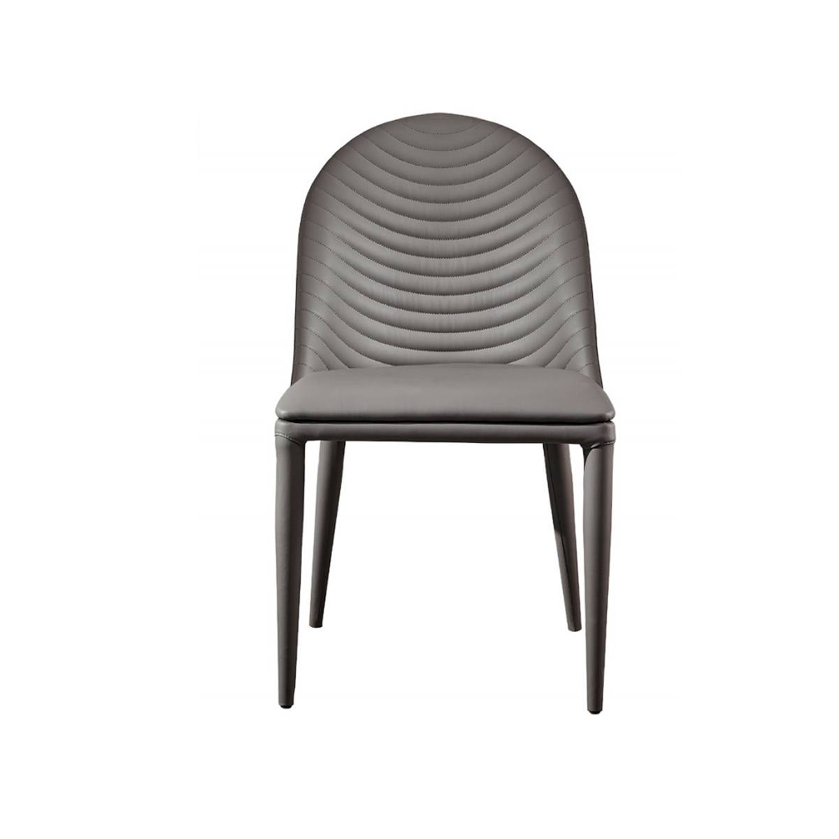 Front view of a grey modern dining chair with a quilted backrest