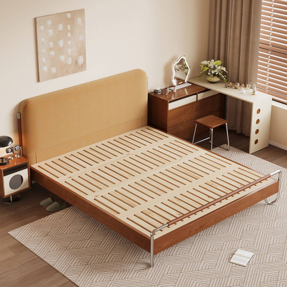 View of the bed frame without mattress showing the wooden slat base