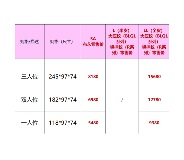 Price list table showing dimensions and prices for 1, 2, and 3-seater options