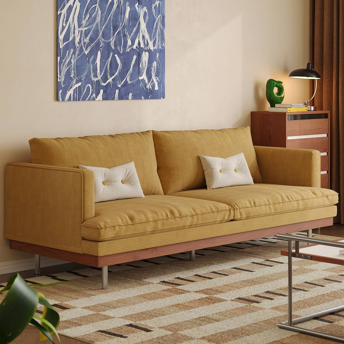 Lemon yellow corduroy sofa with white pillows