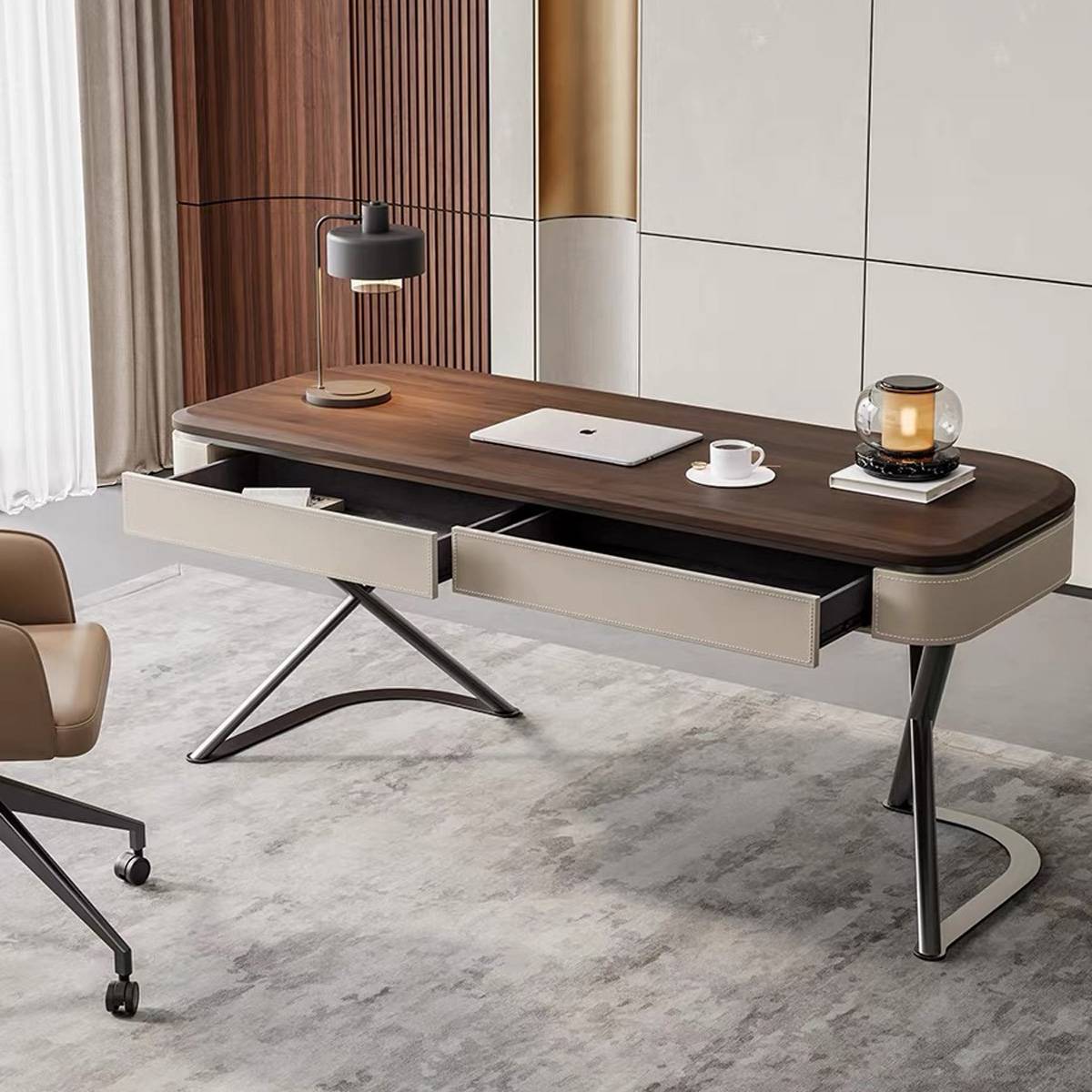 Side view of the desk with drawers open to show storage capacity