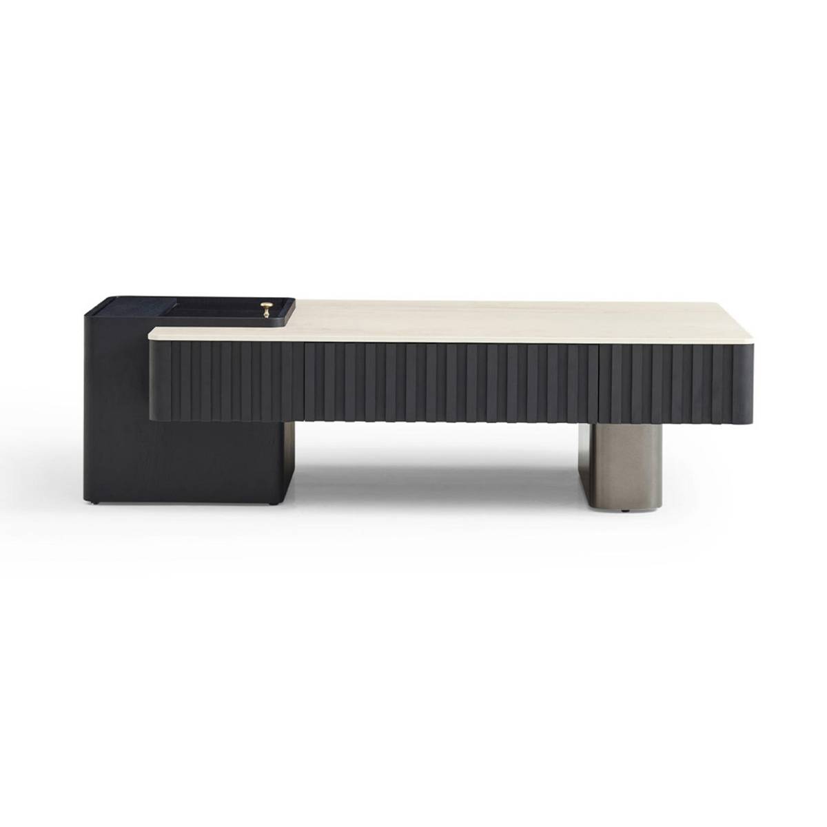 Side profile view of the coffee table highlighting the metal leg and fluted texture