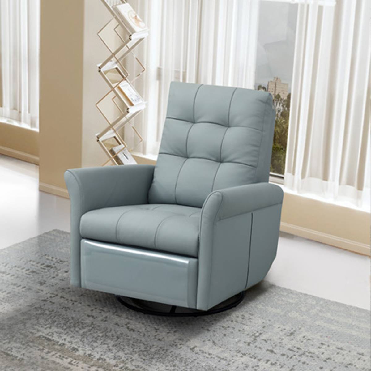 Light blue leather recliner chair in upright position