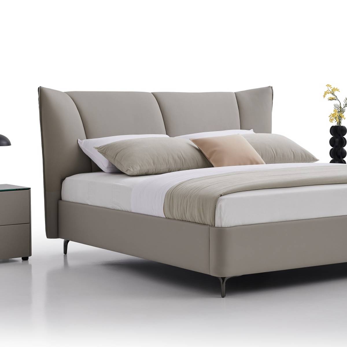 Close-up side view of the bed headboard and pillows