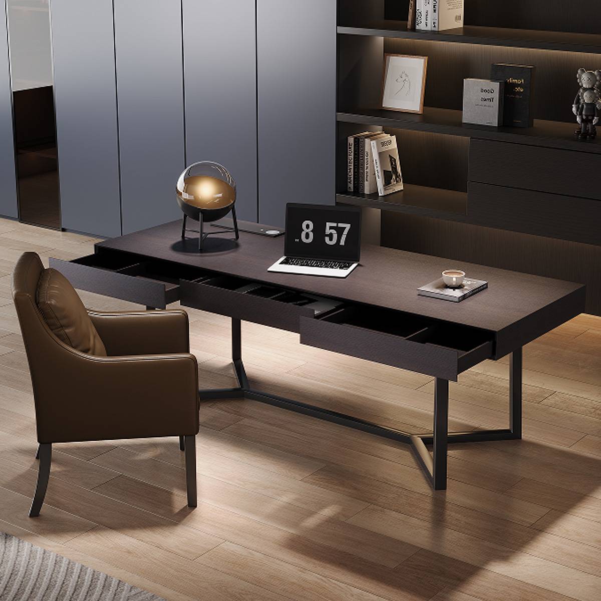 Desk with drawers open showing storage capacity