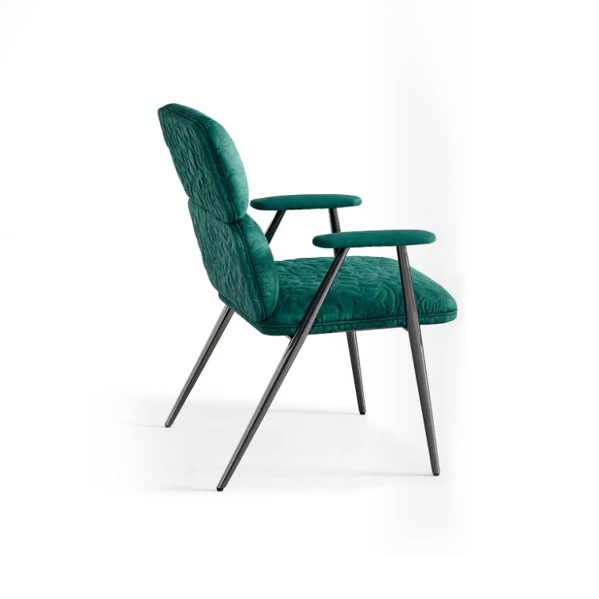 Side view of green embroidered dining chair with stainless steel legs