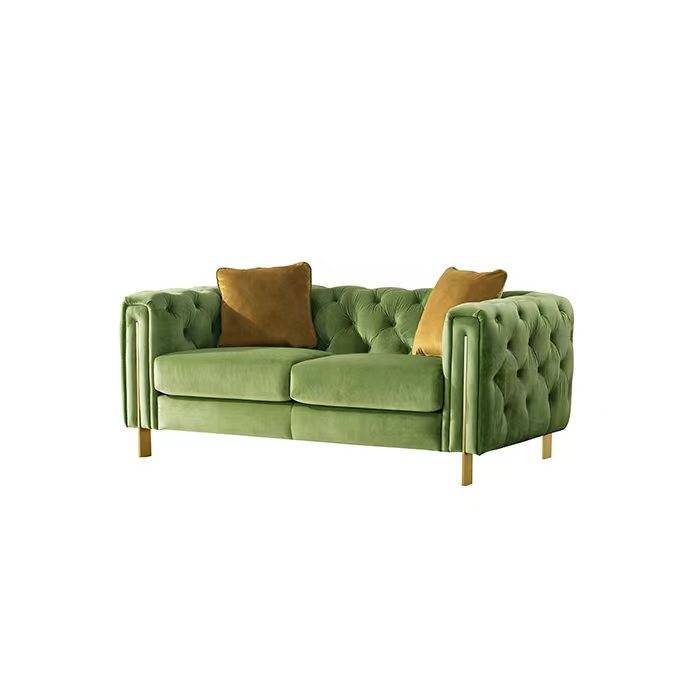 Green velvet 3-seater sofa with tufted back and gold legs