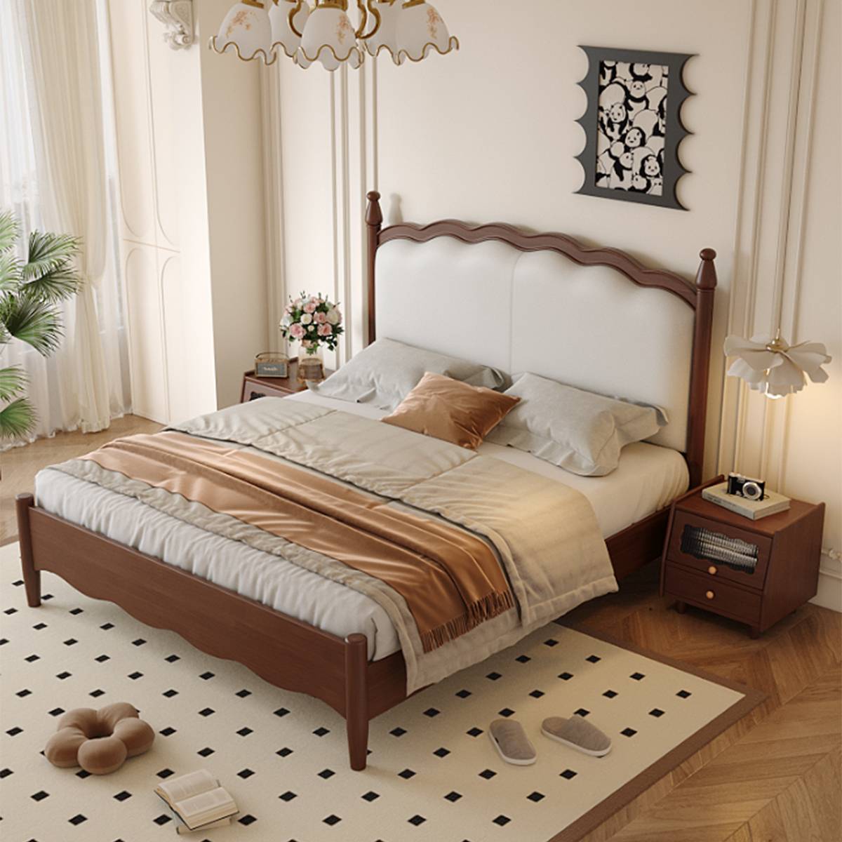 Mid-Century Solid Wood Upholstered Bed (A76-2622)