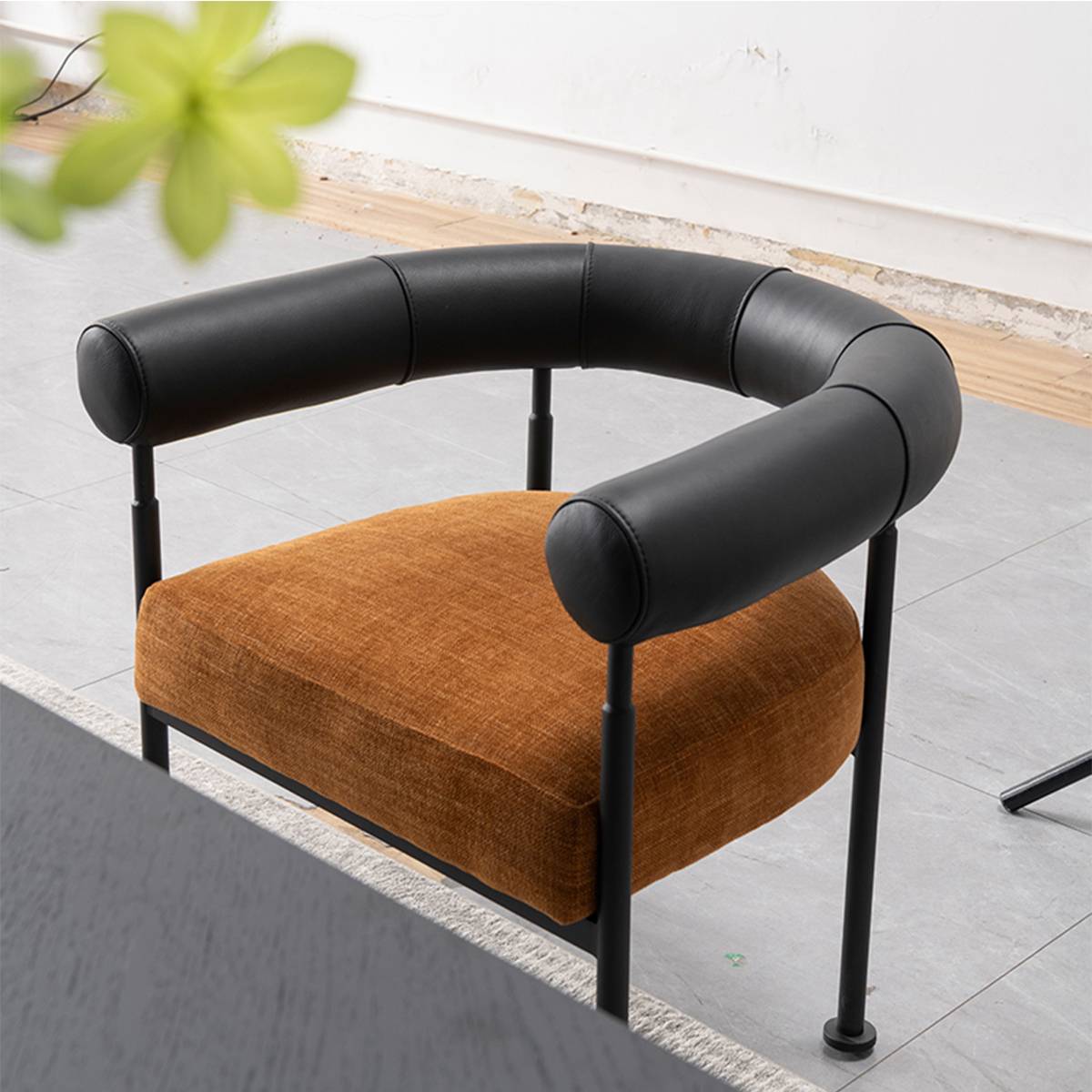 High angle view of the lounge chair showing the curved armrest