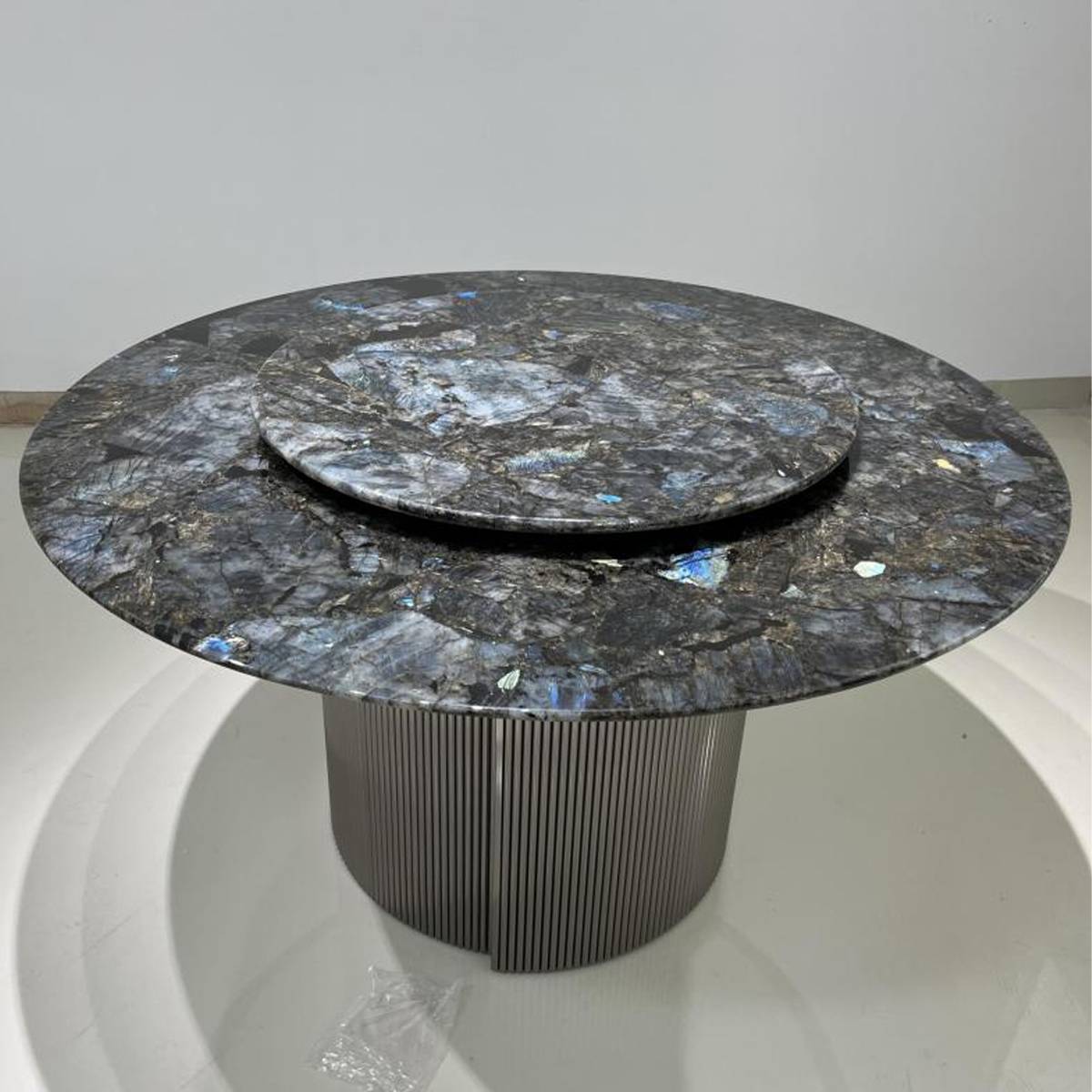 Top-down view of the Blue Jadeite marble dining table showing the 80cm rotating tray