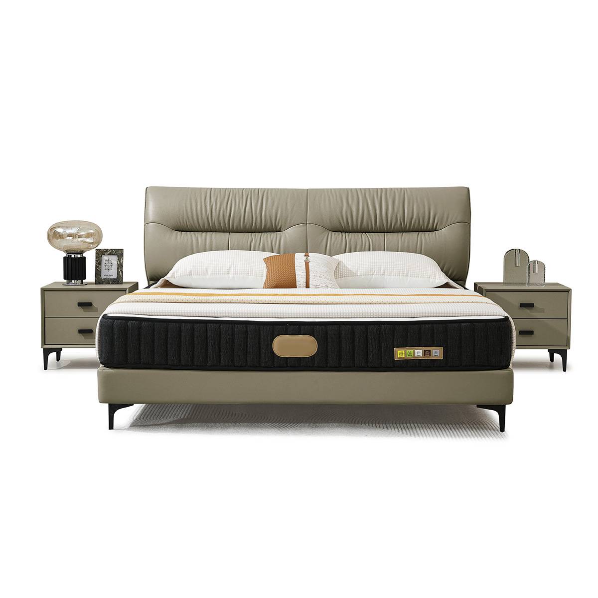 Close-up angled view of the B04 leather bed headboard and side table