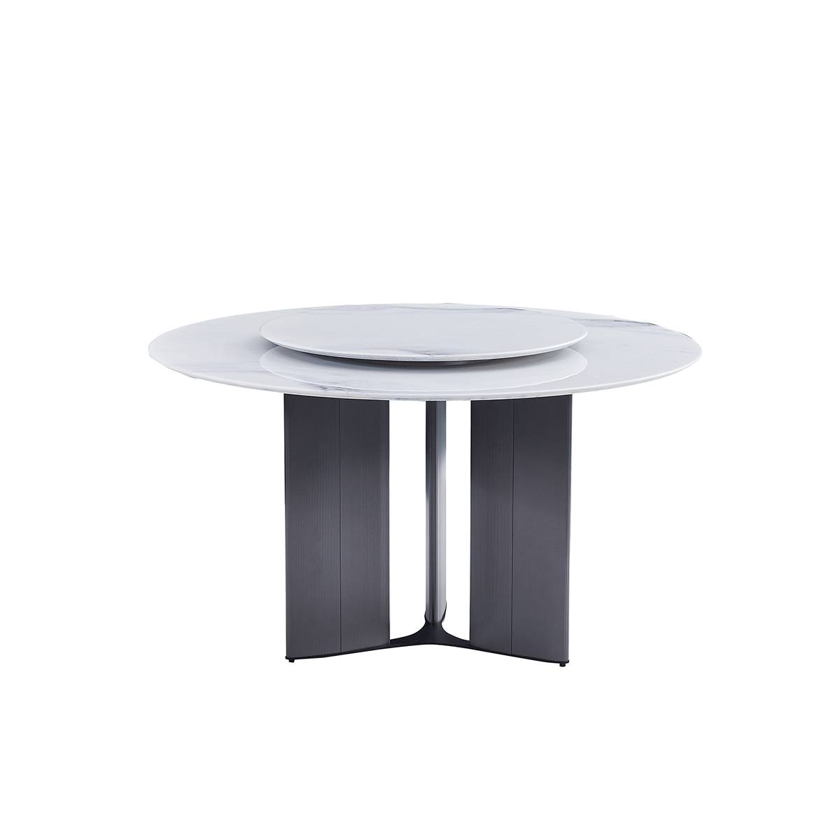 Close-up of the marble round dining table showing the rotating tray and base