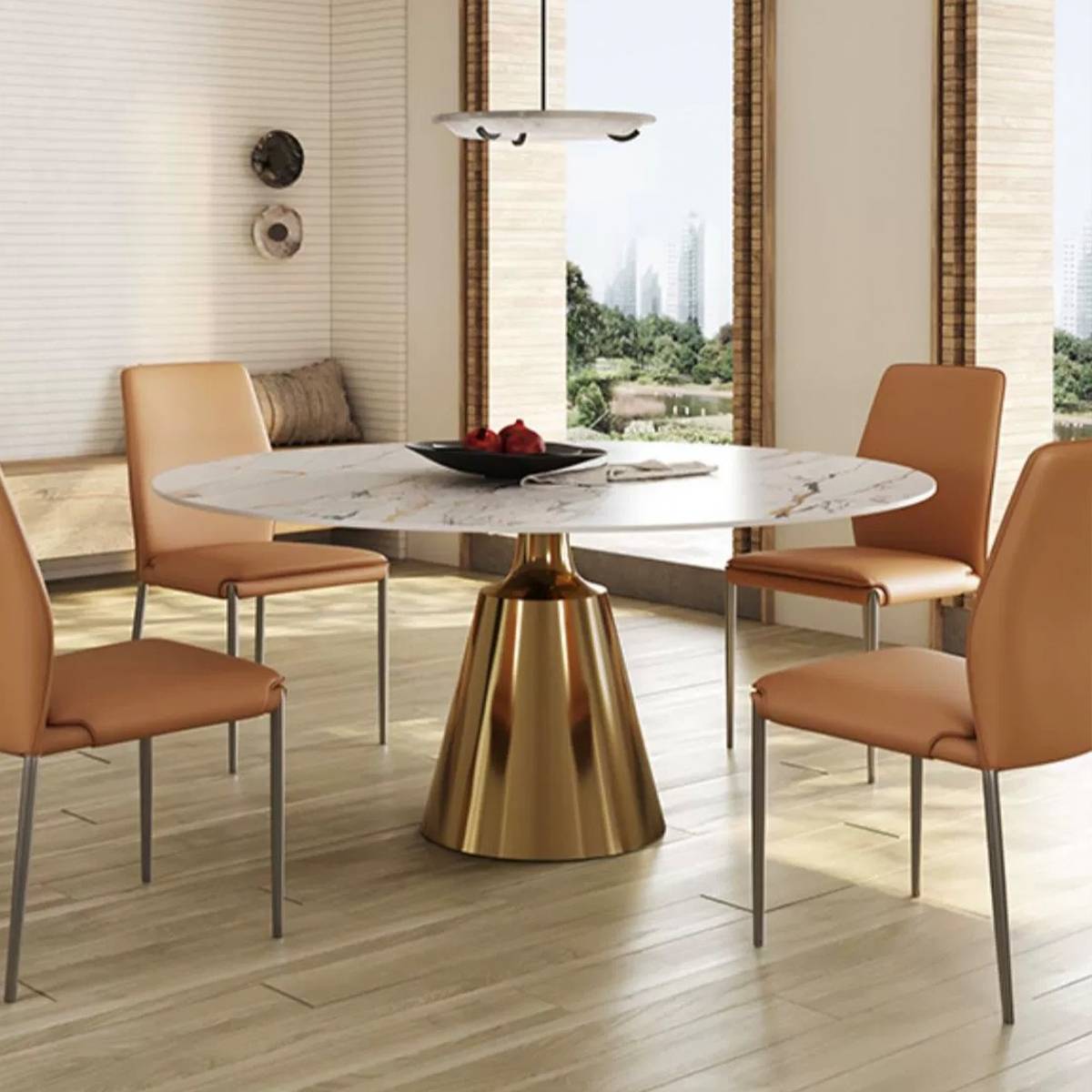 Side view of the dining table set in a modern dining room with a view of the outdoors
