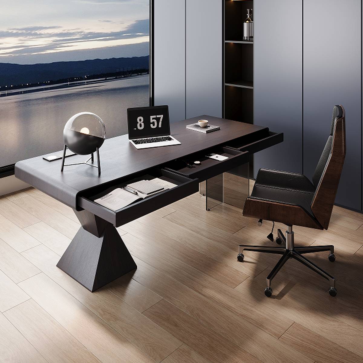 Desk with open drawers showing storage capacity
