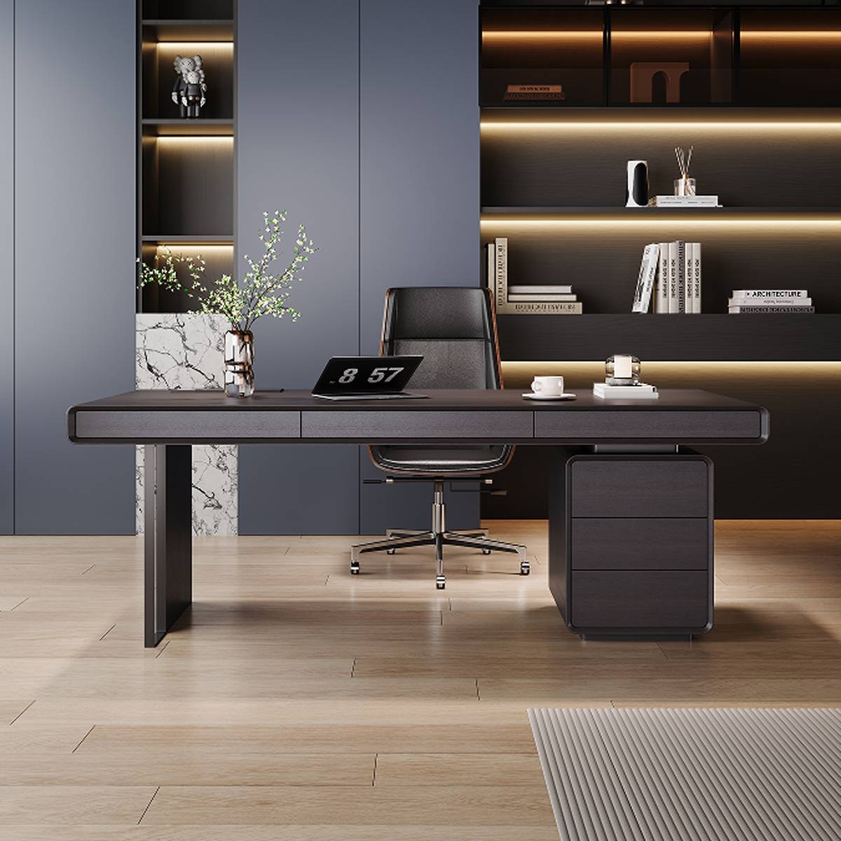 Front view of the desk showing the drawers and office chair