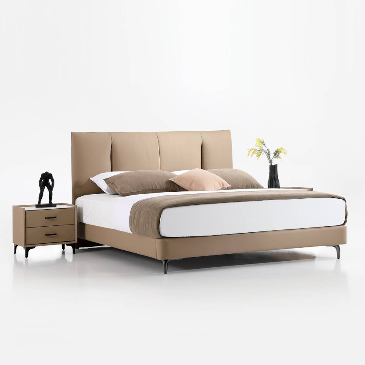 Side view of the beige upholstered bed highlighting the profile and bedside table