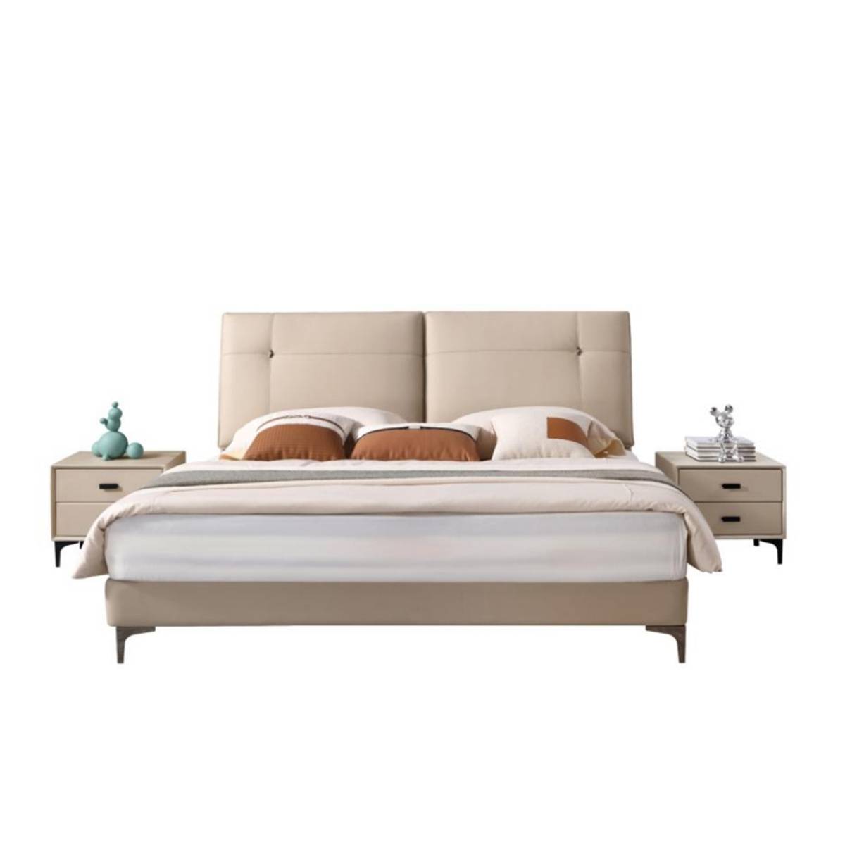 Front view of a beige upholstered bed with a tufted headboard and matching bedside tables