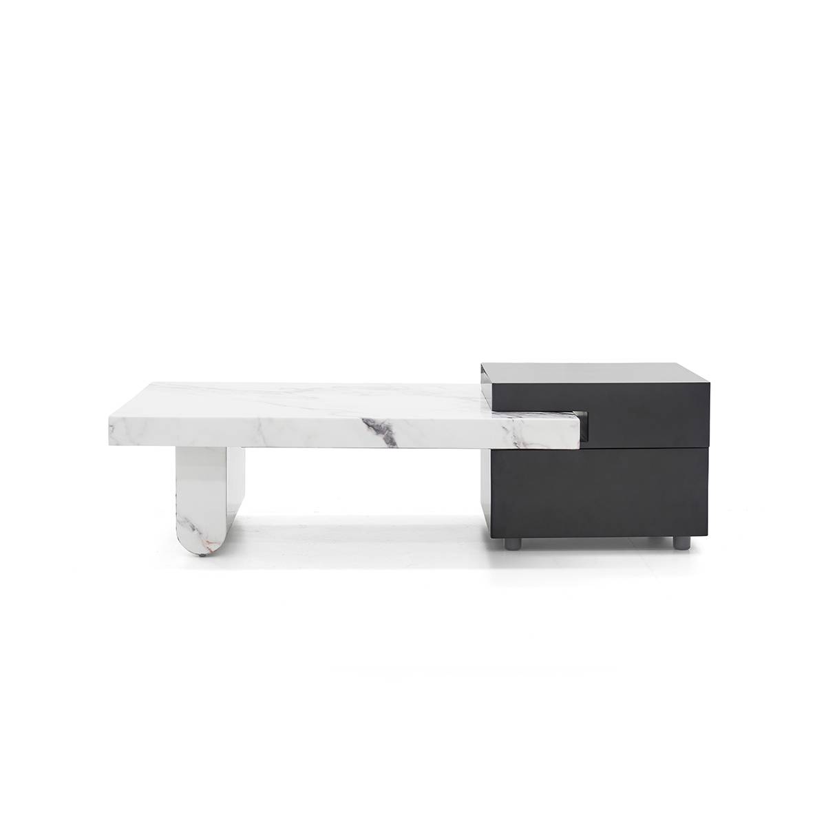 Side profile view of the coffee table showing the marble leg and steel base