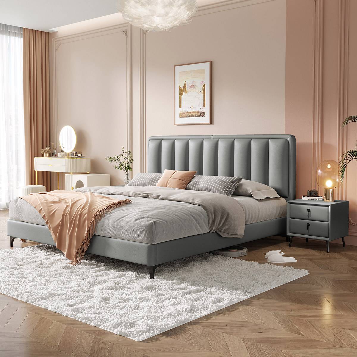 Grey eco-leather tufted bed in a modern bedroom setting