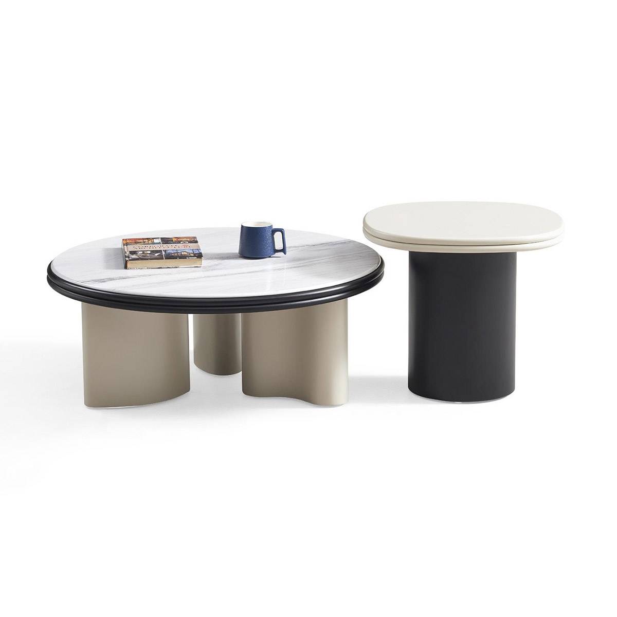 Side view of the coffee table set showing the leg structure and height difference