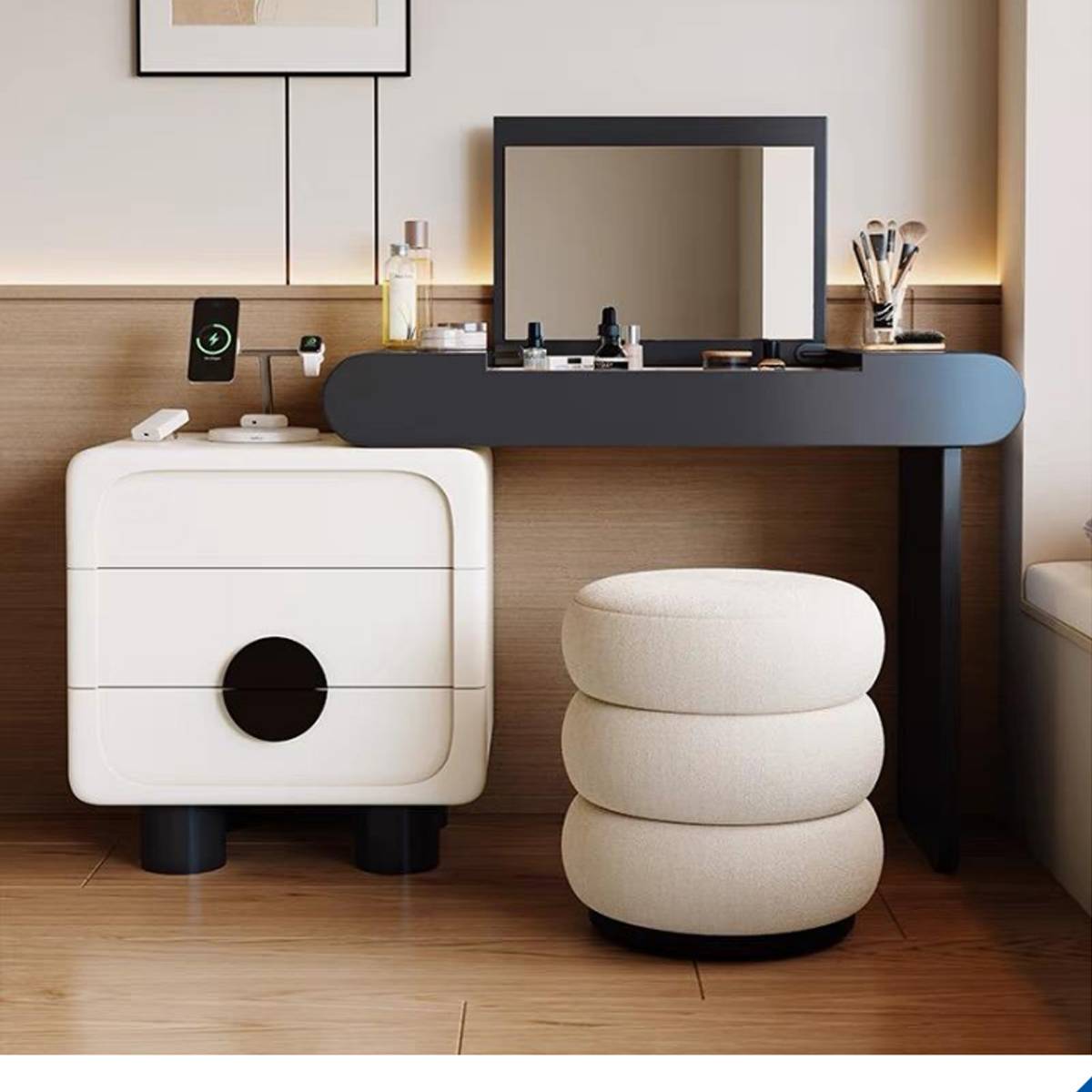 Front view of the modern vanity set highlighting the mirror and makeup accessories