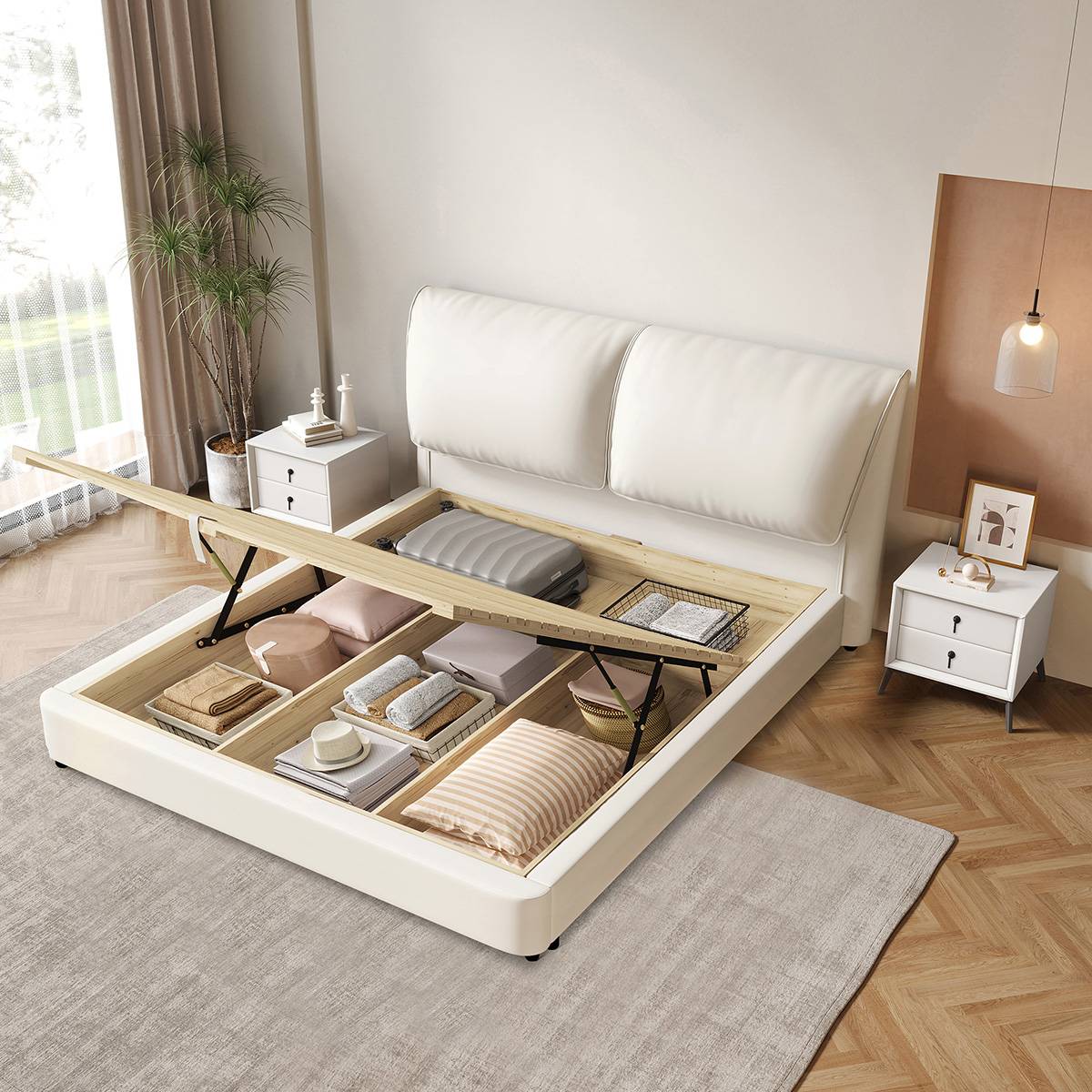 Bed with high-box storage lid lifted to reveal internal storage space