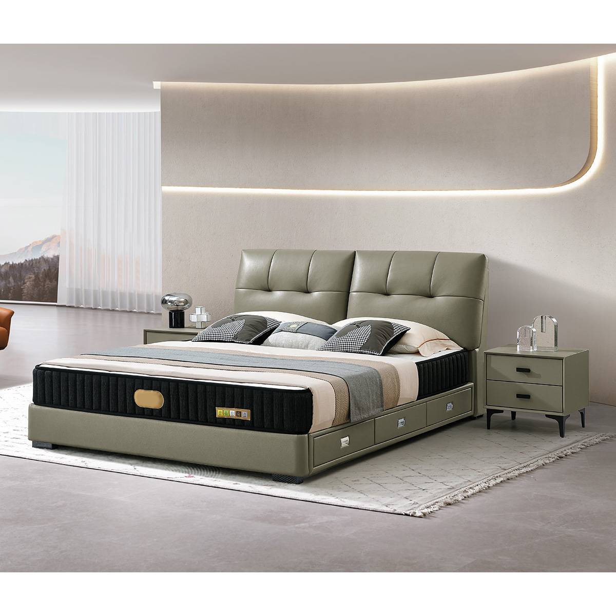 Genuine Leather Storage Bed with 3 Drawers (B04-8933)