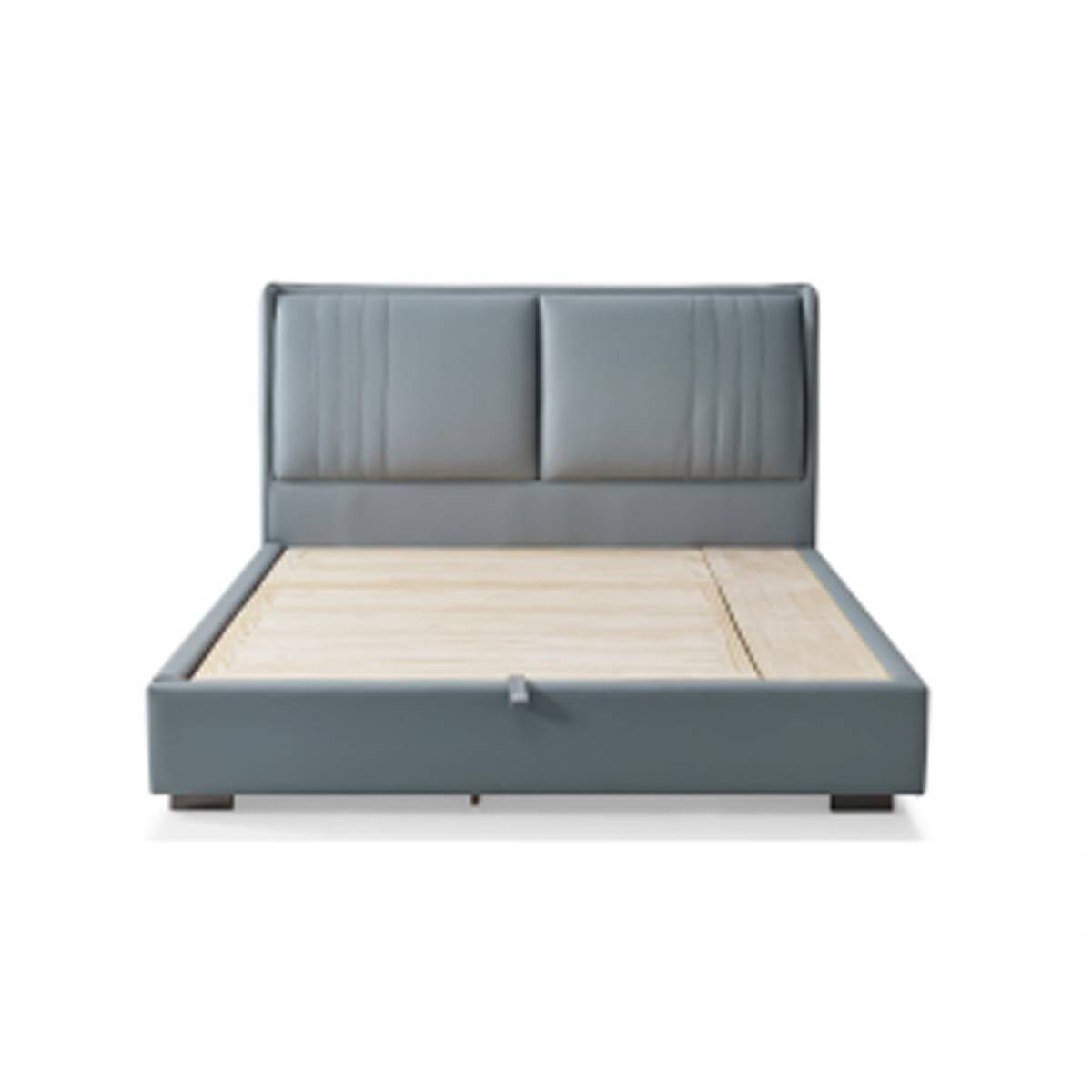 Front view of grey leather bed frame with closed base