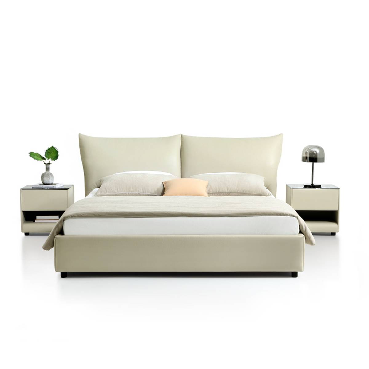 Front view of the beige leather bed frame showing the headboard and bedding