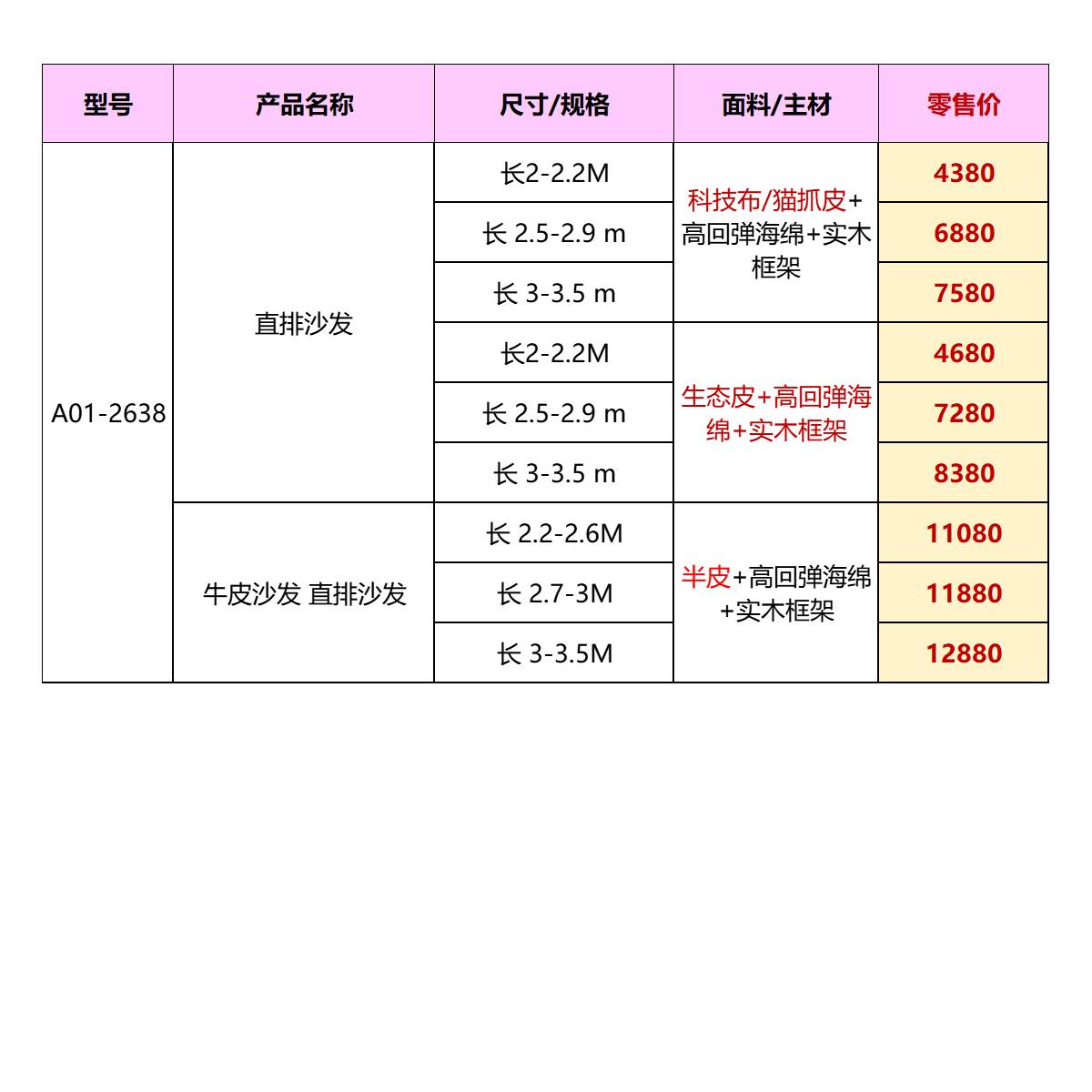 Price list and specification table for A01-2638 sofa showing dimensions, materials, and retail prices