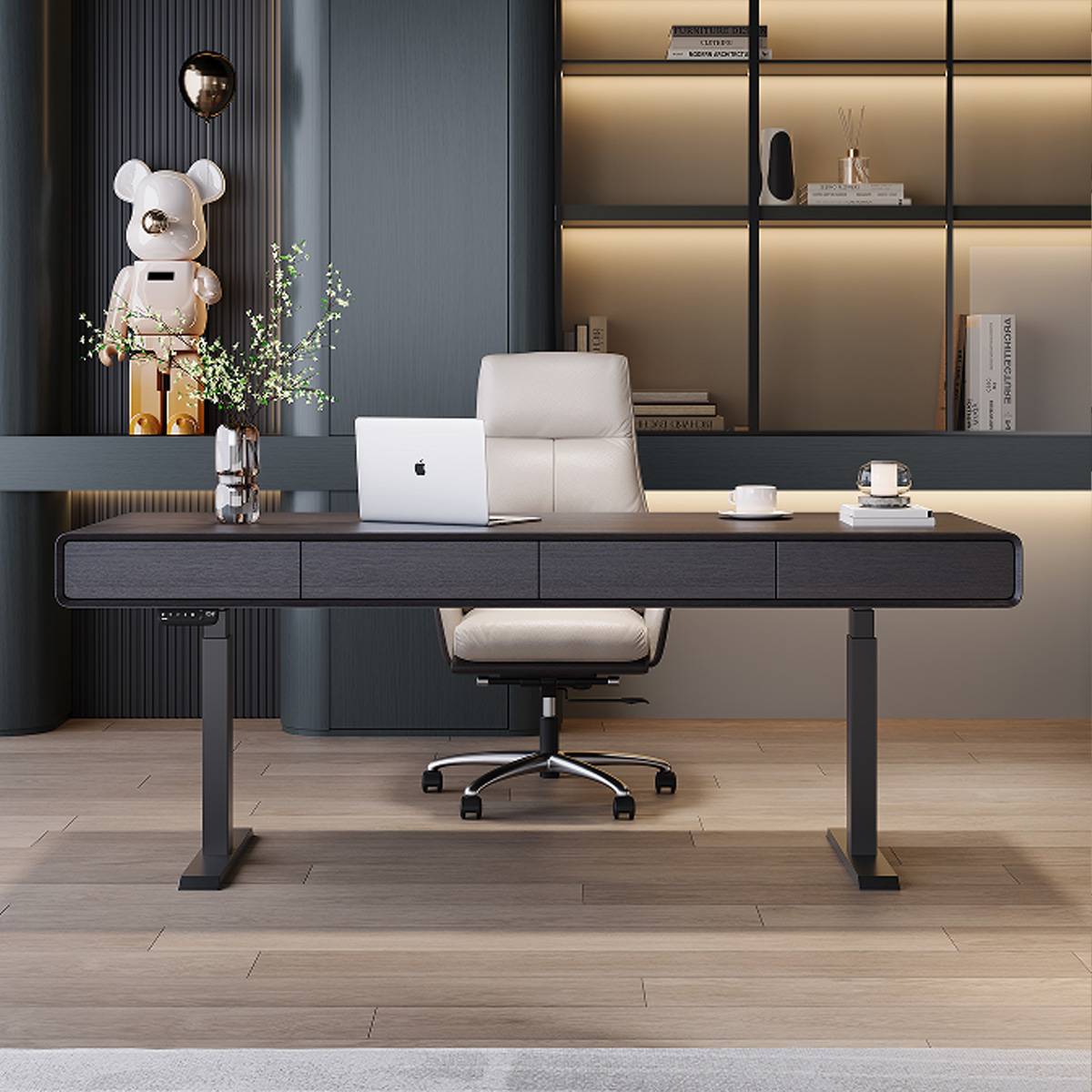 Front view of the Z47 electric standing desk showing the drawers and chair.