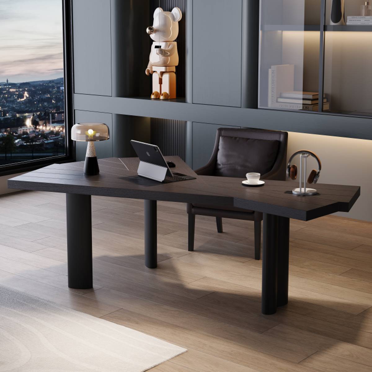 Side angle view of the desk showing the solid wood legs and geometric design