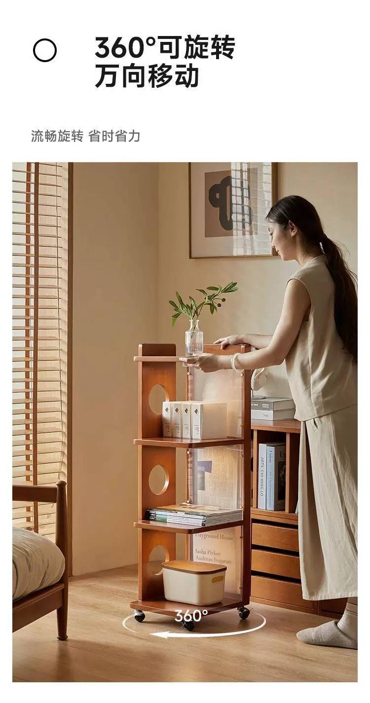 Woman rotating the wooden side cabinet on 360-degree wheels