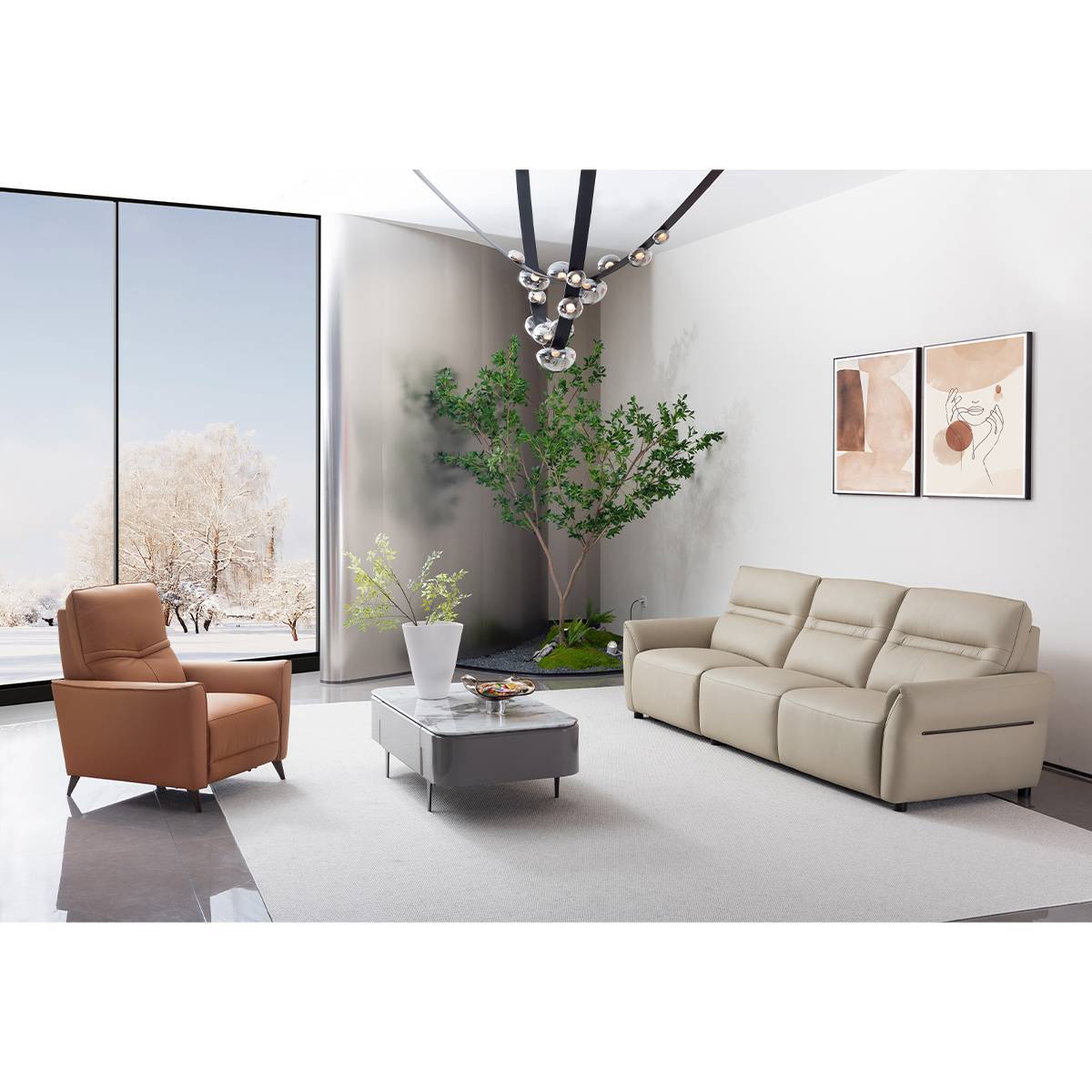 Full living room setup featuring the beige sofa and brown armchair
