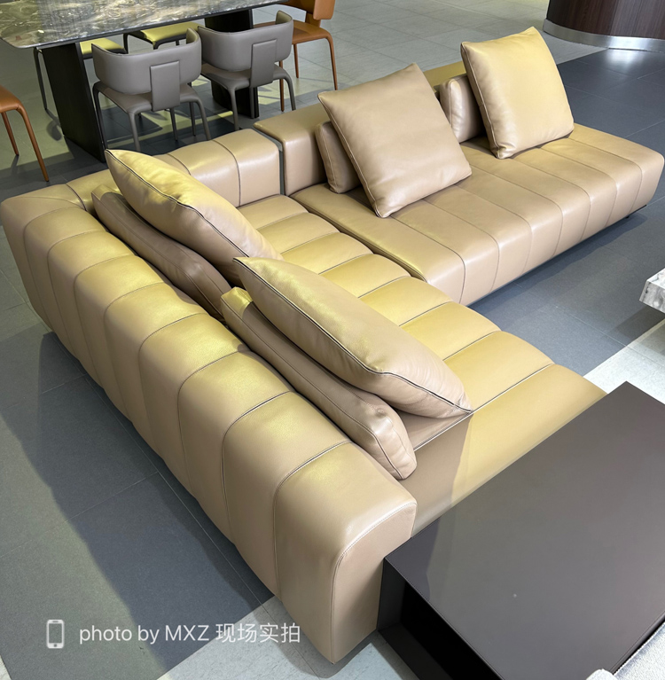 High angle view of the sofa showing the segmented back cushions