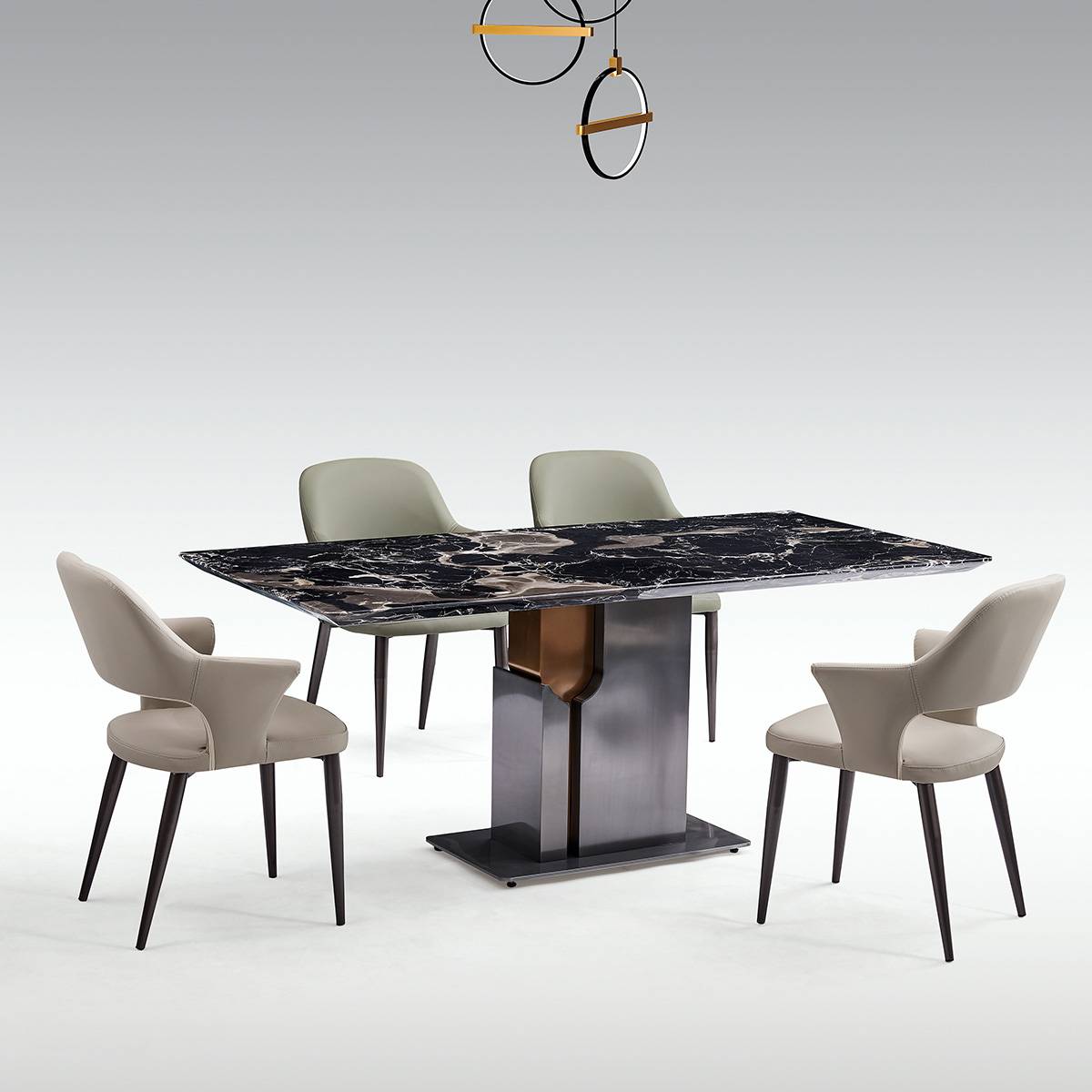 Dining table set with four chairs in a modern interior setting