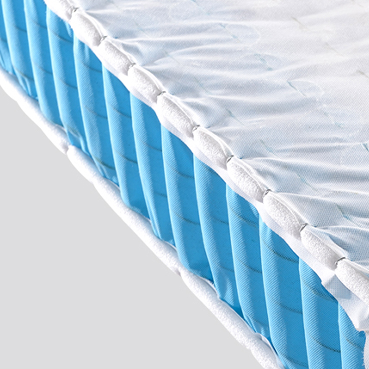 Close-up detail of the blue side support structure and white piping