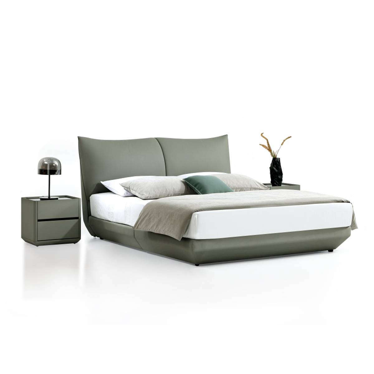 Side angle view of the bed highlighting the low profile and leather texture