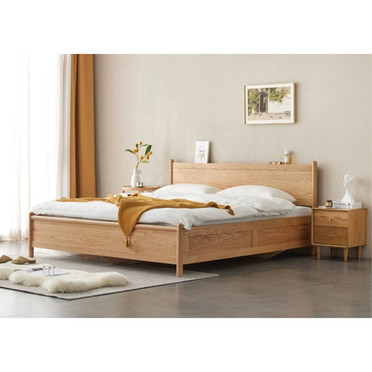 Light wood solid oak bed with storage in a minimalist bedroom