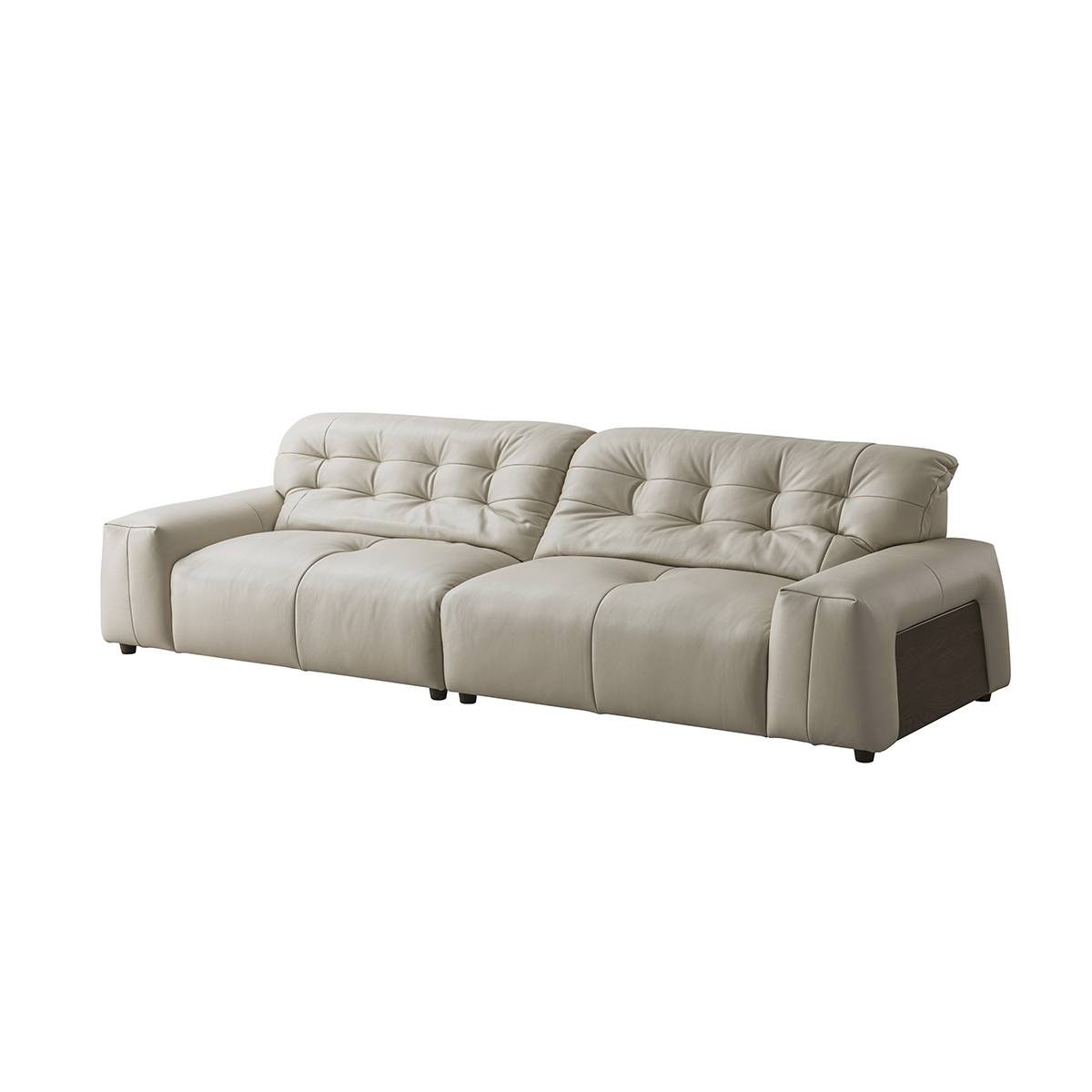 Three-quarter view of the beige sofa showing the wooden armrest detail
