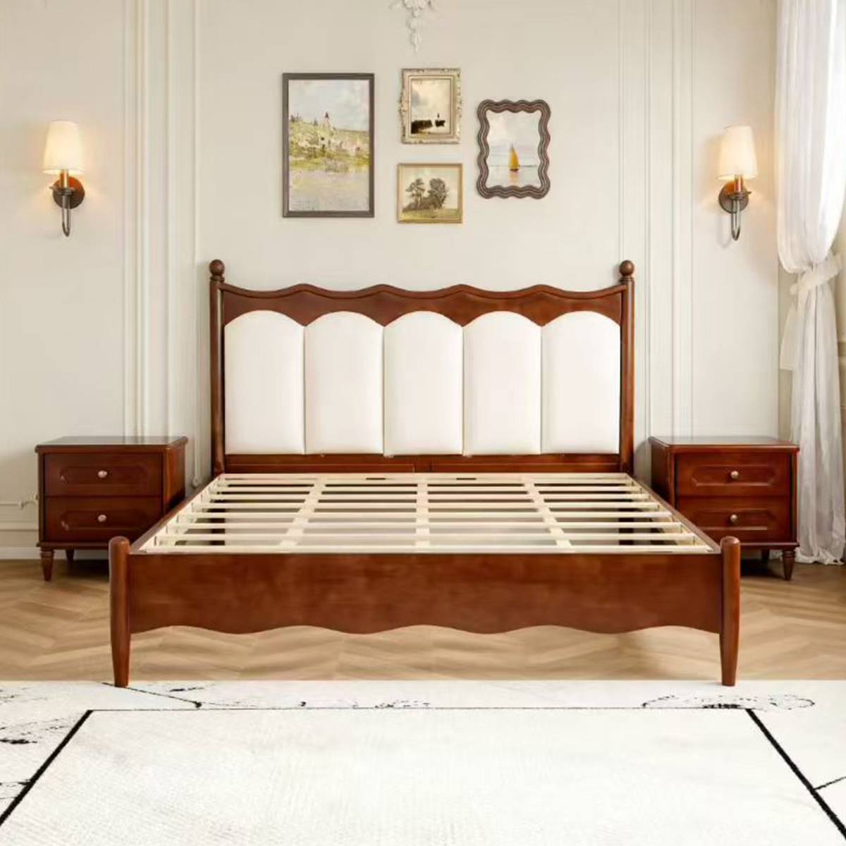 Cherry wood bed frame showing slat base structure